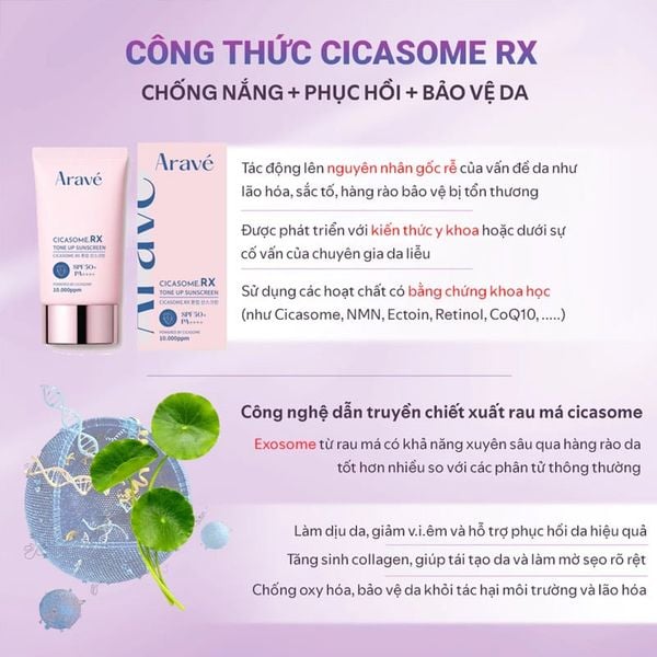 Kem Chống Nắng ARAVÉ Nâng Tone, Phục Hồi, Bảo Vệ Da, Chống Lão Hóa Cicasome.RX Tone Up Sunscreen 60ml