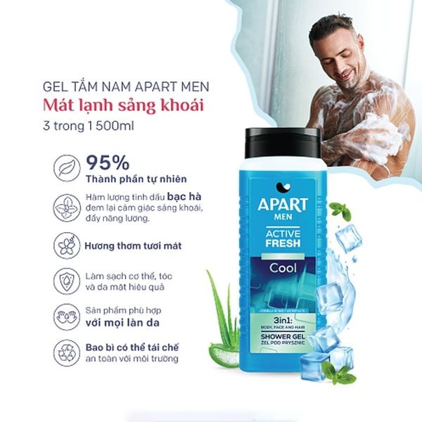 Combo 2 Sữa Tắm Mát Lạnh 3Trong1 Dành Cho Nam Giới Apart Mạnh Mẽ Dùng Cho Cơ Thể, Mặt Và Tóc 500mlx2 (Màu Xanh)