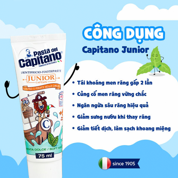 (HSD: 6/2026) Kem Đánh Răng Capitano Cho Bé 6+ Hương Bạc Hà Pasta Del Capitano 1905 Soft Mint 75ml