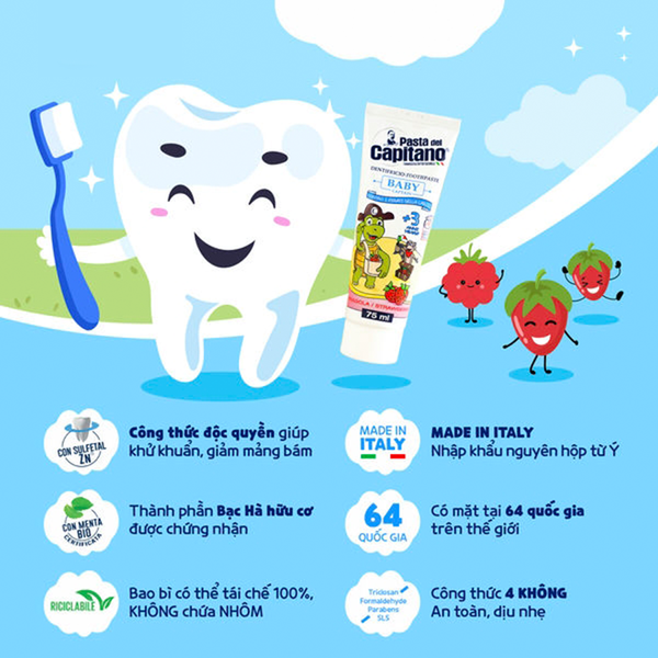 (HSD: 7/2026) Kem Đánh Răng Capitano Cho Bé 3+ Hương Dâu Pasta Del Capitano 1905 Baby Strawberry 75ml