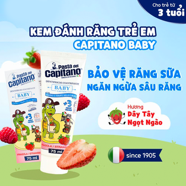 (HSD: 7/2026) Kem Đánh Răng Capitano Cho Bé 3+ Hương Dâu Pasta Del Capitano 1905 Baby Strawberry 75ml