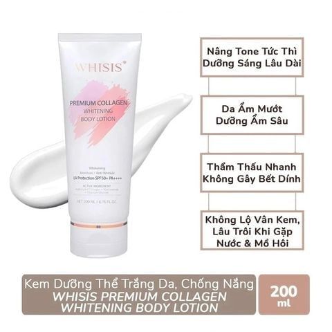 (HSD: 4/2026) Combo 2 Kem Dưỡng Thể Trắng Da Chống Nắng WHISIS Premium Collagen Whitening Body Lotion 200mlx2 Tặng Kem Gel Dưỡng Ẩm Cấp Nước Trẻ Hóa Da Wellderma G Plus Mils Acis Ance Gel Cleanser 120ml