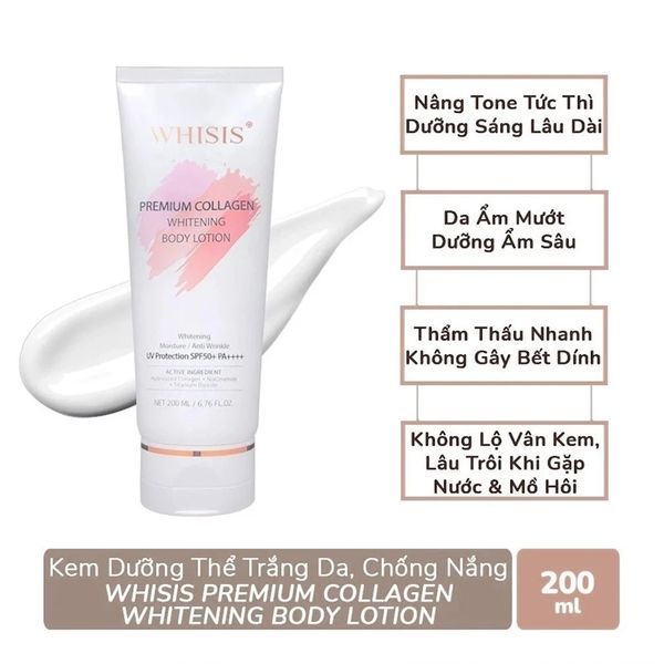 (HSD: 4/2026) Kem Dưỡng Thể Trắng Da Chống Nắng WHISIS Premium Collagen Whitening Body Lotion 200ml Tặng Gel Rửa Mặt Micellar Dr.Sante Pure Cоde Dành Cho Mọi Loại Da 200ml