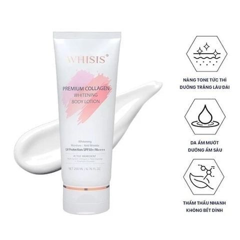 (HSD: 4/2026) Combo 2 Kem Dưỡng Thể Trắng Da Chống Nắng WHISIS Premium Collagen Whitening Body Lotion 200mlx2 Tặng Kem Gel Dưỡng Ẩm Cấp Nước Trẻ Hóa Da Wellderma G Plus Mils Acis Ance Gel Cleanser 120ml