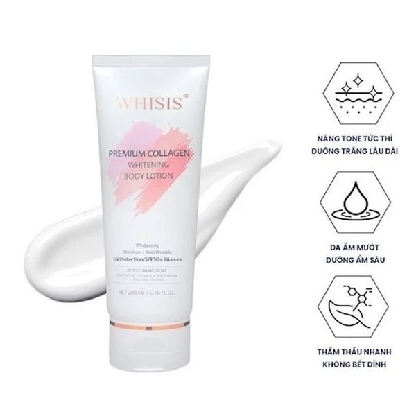 (HSD: 4/2026) Kem Dưỡng Thể Trắng Da Chống Nắng WHISIS Premium Collagen Whitening Body Lotion 200ml Tặng Gel Rửa Mặt Micellar Dr.Sante Pure Cоde Dành Cho Mọi Loại Da 200ml