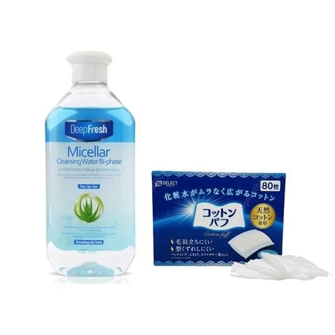 Combo Nước Tẩy Trang Deep Fresh Micellar cleansing Water Dùng Cho Mọi Loại Da 400ml Và Bông Tẩy Trang S Select Cotton Puff 80 Miếng