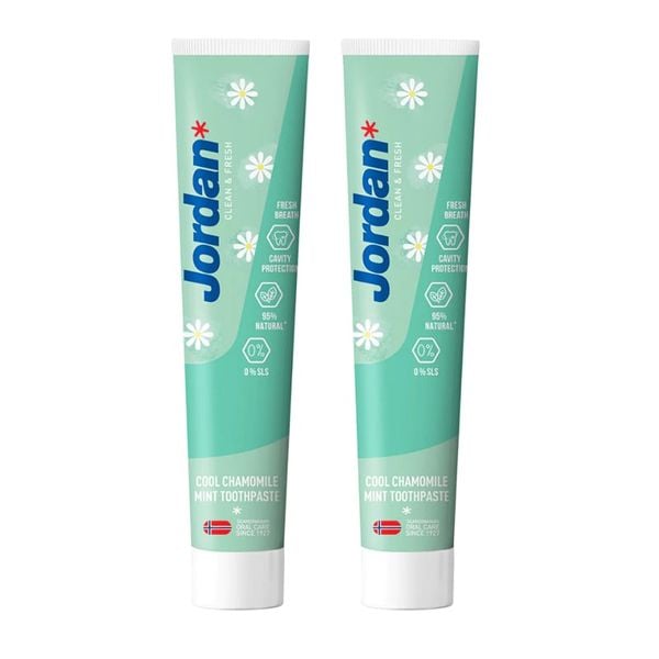 (HSD: 10/2026) Combo 2 Kem Đánh Răng Cho Người Lớn Vị Bạc Hà Hoa Cúc Mát Lạnh Jordan Clean & Fresh Cool 75Gx2 Tặng Kem Đánh Răng Capitano Cho Bé 3+ Hương Dâu 75ml