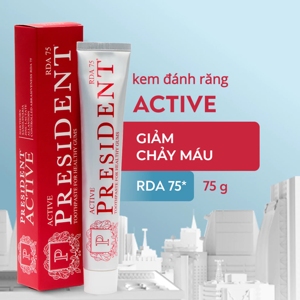 (HSD: 11/2026) Kem Đánh Răng Làm Se Nướu, Giảm Chảy Máu, Ức Chế Sự Phát Triển Vi Khuẩn Ngừa Sâu Răng Toothpaste President Active (75 RDA) 75g