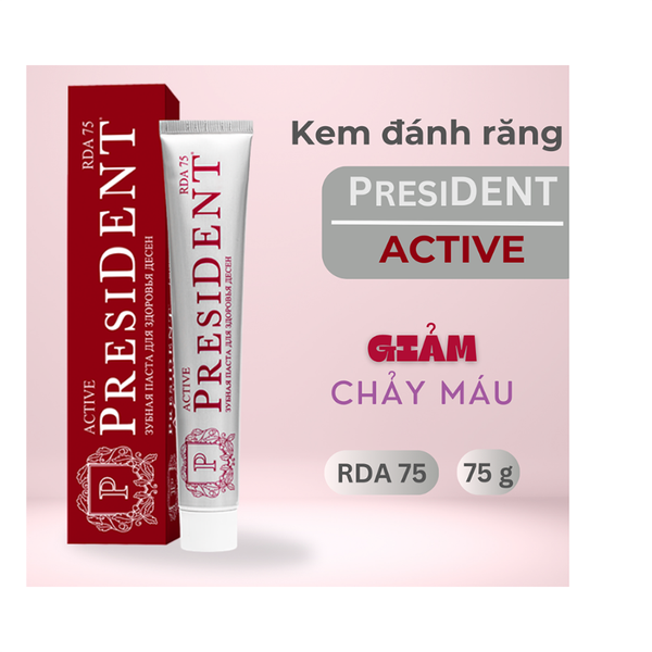 (HSD: 11/2026) Kem Đánh Răng Làm Se Nướu, Giảm Chảy Máu, Ức Chế Sự Phát Triển Vi Khuẩn Ngừa Sâu Răng Toothpaste President Active (75 RDA) 75g