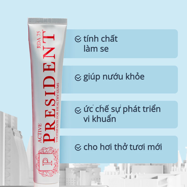 (HSD: 11/2026) f188 vip 2 Kem Đánh Răng Làm Se Nướu, Giảm Chảy Máu, Ức Chế Sự Phát Triển Vi Khuẩn Ngừa Sâu Răng Toothpaste President Active (75 RDA) 75gx2