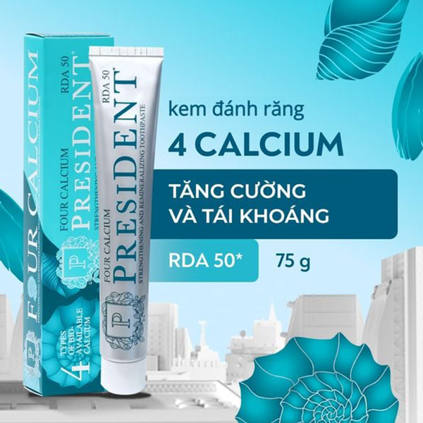(HSD: 11/2026) Kem Đánh Răng Tái Tạo Và Tăng Cường Men Răng Toothpaste President 4 Calcium (50 RDA) 75g