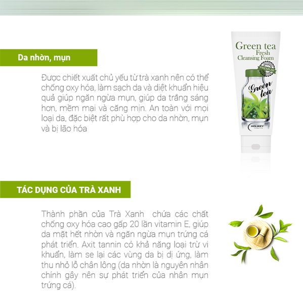 Sữa Rửa Mặt Trà Xanh Làm Trắng, Giảm Mụn Holikey Green Tea Fresh Cleansing Foam 100ml