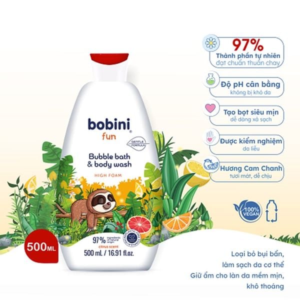 Gel Tắm Trẻ Em Tạo Bọt Bobini Fun Mềm Mịn Cho Bé Từ 1 Tuổi 500ml Hương Cam Chanh