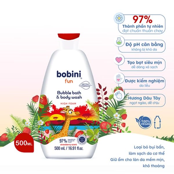 f188 vip Gel Tắm Trẻ Em Tạo Bọt Bobini Fun Mềm Mịn Cho Bé Từ 1 Tuổi Hương Dâu Tây 500ml Và Hương Mâm Xôi 500ml