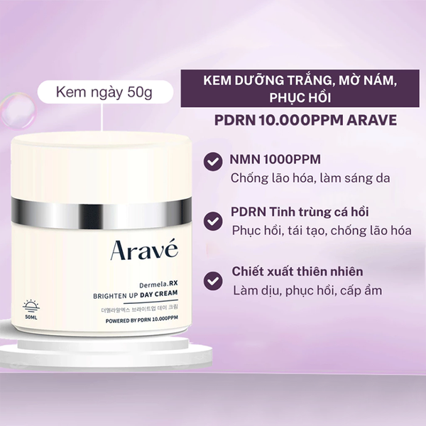 Kem Dưỡng Da Ban Ngày ARAVÉ PDRN Dưỡng Trắng, Chống Lão Hóa, Mờ Nám Dermela.RX Brighten Up Day Cream 50ml