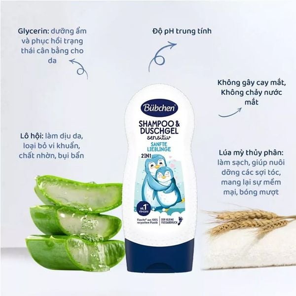 (HSD: 9/2026) Combo 2 Sữa Tắm Gội Thuần Chay Dành Cho Da Nhạy Cảm Bubchen Sanfte Lieblinge 230mlx2 Màu trắng Cánh cụt