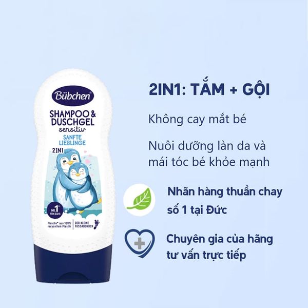 (HSD: 9/2026) Combo 2 Sữa Tắm Gội Thuần Chay Dành Cho Da Nhạy Cảm Bubchen Sanfte Lieblinge 230mlx2 Màu trắng Cánh cụt