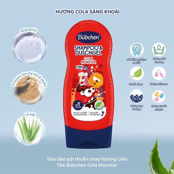 (HSD: 9/2026) Sữa Tắm Gội Thuần Chay Dành Cho Bé hương Cola The Bubchen Cola Monster 230ml Màu đỏ