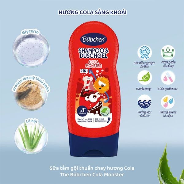 (HSD: 9/2026) Combo 2 Sữa Tắm Gội Thuần Chay Dành Cho Bé hương Cola The Bubchen Cola Monster 230mlx2 Màu đỏ