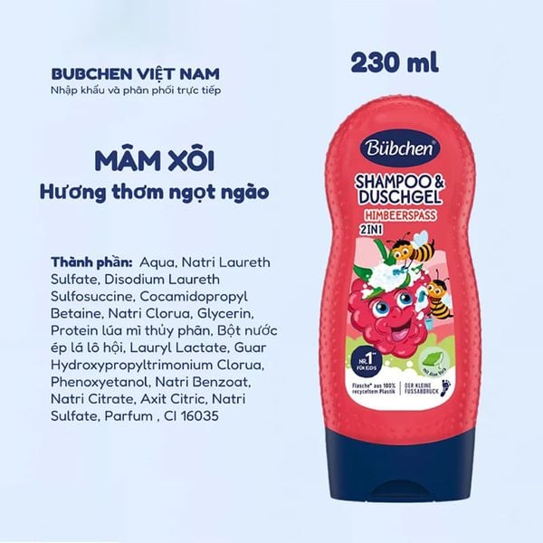 (HSD: 9/2026) Combo 2 Sữa Tắm Gội Cho Bé Thuần Chay Hương Mâm Xôi Dưỡng Ẩm Và Chống Nắng Cho Da Bubchen Himbeerspass 230mlx2