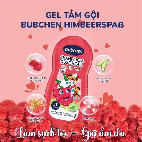 (HSD: 9/2026) Sữa Tắm Gội Cho Bé Thuần Chay Hương Mâm Xôi Dưỡng Ẩm Và Chống Nắng Cho Da Bubchen Himbeerspass 230ml