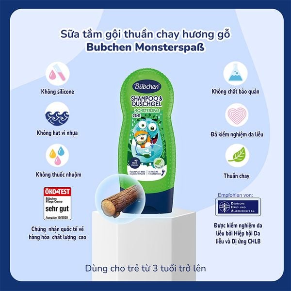 (HSD: 7/2026) Sữa Tắm Gội Cho Bé Thuần Chay Hương Gỗ Bubchen Himbeerspaß 230ml Màu xanh lá cây Monster