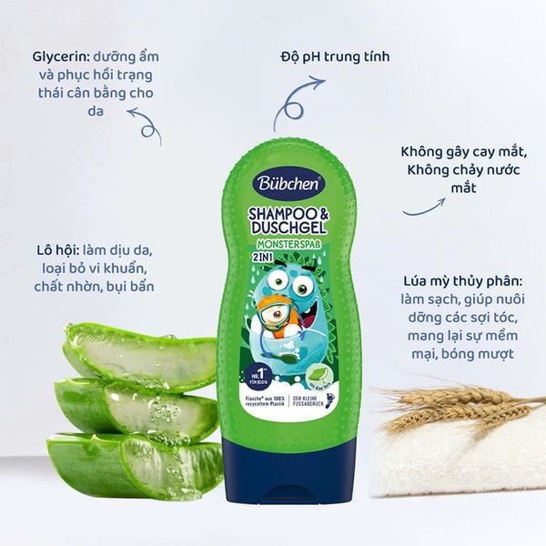 (HSD: 7/2026) Sữa Tắm Gội Cho Bé Thuần Chay Hương Gỗ Bubchen Himbeerspaß 230ml Màu xanh lá cây Monster
