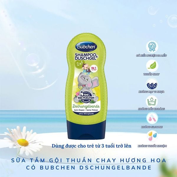 (HSD: 7/2026) Combo 2 Sữa Tắm Gội Thuần Chay Cho Bé Hương Hoa Cỏ Bubchen Dschungelbande 230mlx2 Màu xanh lá nhạt con voi