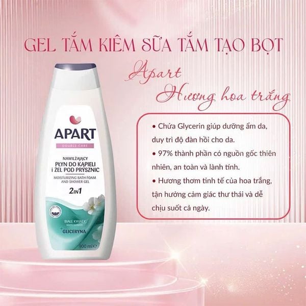 Combo Sữa Tắm 2 Trong 1 Apart Double Care Moisturizing Bath Foam & Shower Hương Hoa Oải Hương, Vani Và Sữa tắm Apart Hương Hoa Trắng 900mlx2