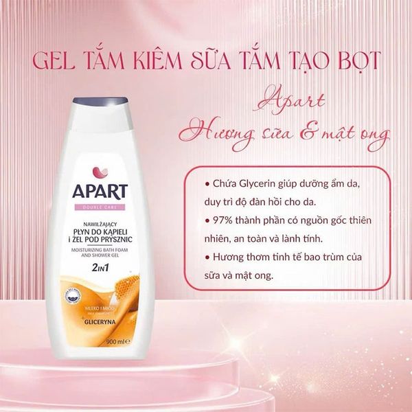 Combo Sữa Tắm 2 Trong 1 Apart Double Care Moisturizing Bath Foam & Shower Hương Hoa Oải Hương, Vani Và Sữa tắm Apart Hương Sữa  & Mật Ong 900mlx2