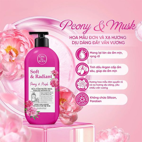 Sữa Tắm Nước Hoa On The Body Dòng Soft & Radiant Peony Musk( Hồng) 500ml
