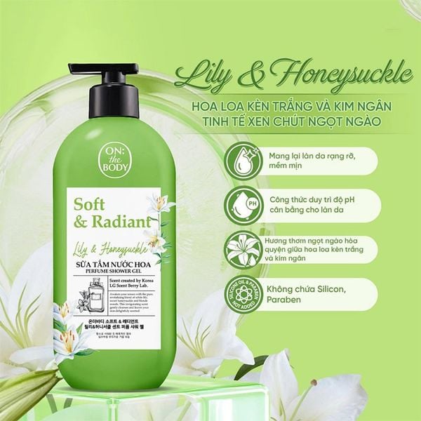 Combo 3 Chai Sữa Tắm Nước Hoa On The Body Dòng Soft & Radiant Hương Lily & Honeysuckle( Xanh lá) 500ml - Hương Herbal Scent (Xanh dương) 500ml Và Peony Musk( Hồng) 500ml