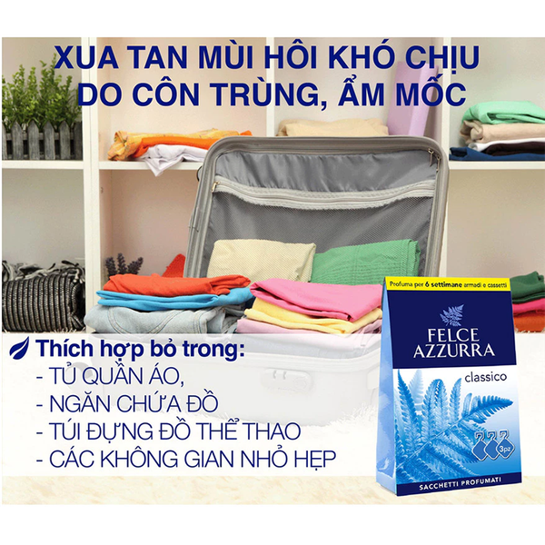 Hộp 3 Túi Thơm Treo Tủ, Ô Tô, Phòng Kín Hương Nước Hoa Cao Cấp Ý Felce Azzurra Hương Cổ Điển 12gx3