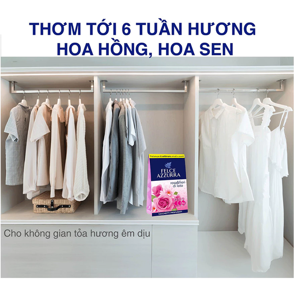 Hộp 3 Túi Thơm Treo Tủ, Ô Tô, Phòng Kín Hương Nước Hoa Cao Cấp Ý Felce Azzurra Hương Hoa Hồng 12gx3