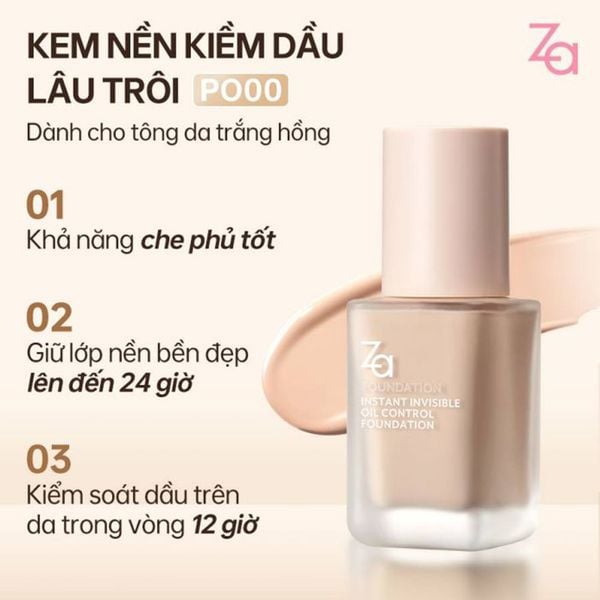 Kem Nền Hỗ Trợ Kiểm Soát Dầu Chống Thấm Nước ZA Insant Invisivle Oil Control 25ml PO0W Tông da trắng sáng