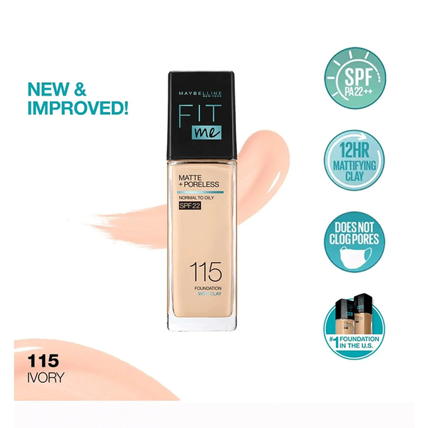 (HSD: 2/2027) Kem Nền Maybelline Fit Me Matte Poreless SPF 22 PA+++ Mịn Nhẹ Kiềm Dầu Chống Nắng #115 30ml