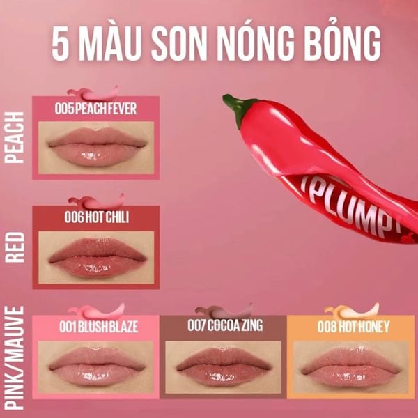 (HSD: 7/2027) Son Bóng Maybelline New York Lifter Plump Tăng Cường Độ Bóng, Căng Mọng Môi 5,4ml Màu 006 Hot Chili