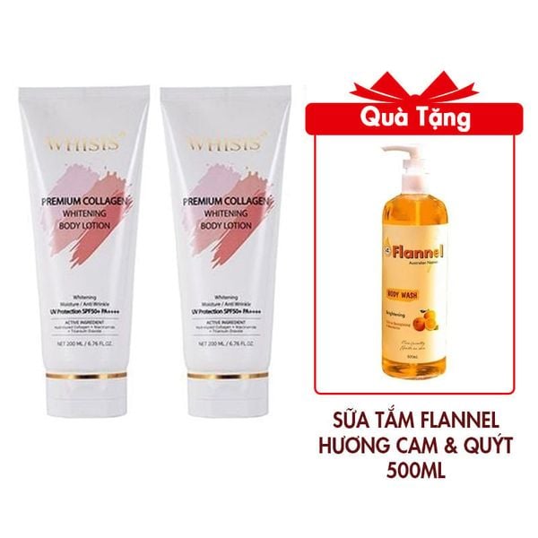 (HSD: 4/2026) Combo 2 Kem Dưỡng Thể Trắng Da Chống Nắng WHISIS Premium Collagen Whitening Body Lotion 200mlx2 Tặng Sữa Tắm Làm Sáng Da Flannel Hương Cam & Quýt 500ml (DEAL BOM TẤN 999K)