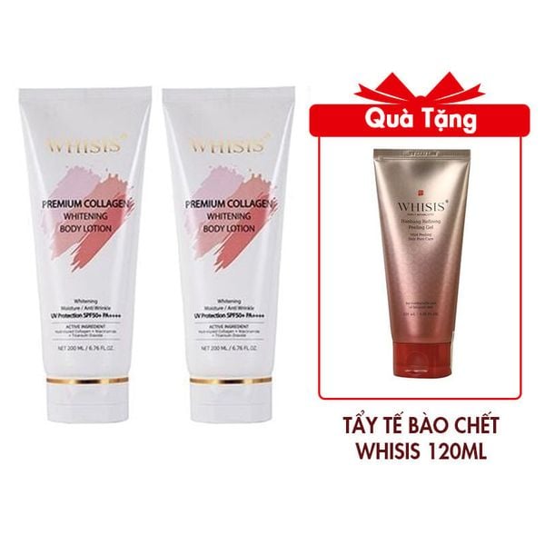 (HSD: 4/2026) Combo 2 Kem Dưỡng Thể Trắng Da Chống Nắng WHISIS Premium Collagen Whitening Body Lotion 200mlx2 Tặng Tẩy Tế Bào Chết Da Mặt Chống Lão Hóa WHISIS Hanbang Refining Peeling Gel 120ml (DEAL BOM TẤN 999K)