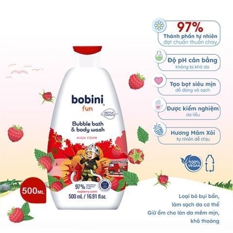 Gel Tắm Trẻ Em Tạo Bọt Bobini Fun Mềm Mịn Cho Bé Từ 1 Tuổi 500ml Hương Mâm Xôi