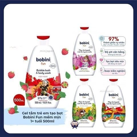 (HSD: 1/2027) Combo 2 Gel Tắm Trẻ Em Tạo Bọt Bobini Fun Mềm Mịn Cho Bé Từ 1 Tuổi 500mlx2 Hương Táo