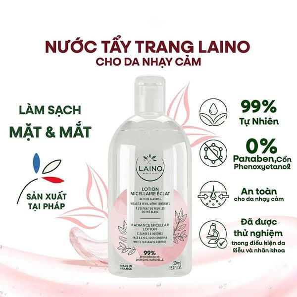 (HSD: 6/2027) Combo 2 Nước Tẩy Trang Micellar Dịu Nhẹ Làm Sáng Da Laino 500mlx2