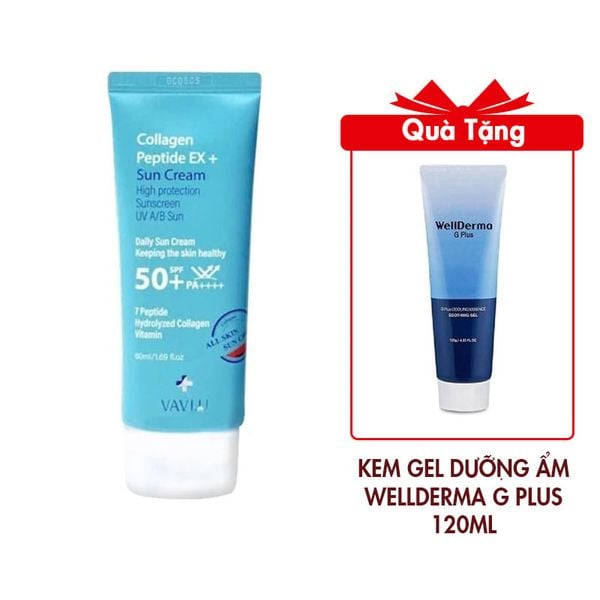 Kem Chống Nắng VAVI.U Collagen Peptide EX 60ml Tặng Gel Dưỡng Ẩm Cấp Nước Trẻ Hóa Da Wellderma G Plus Mils Acis Ance Gel Cleanser 120ml