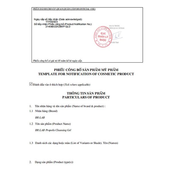 Sữa Rửa Mặt Br:lab Propolis Cleansing Gel Dành Cho Da Dầu, Mụn Chiết Xuất Keo Ong 120ml