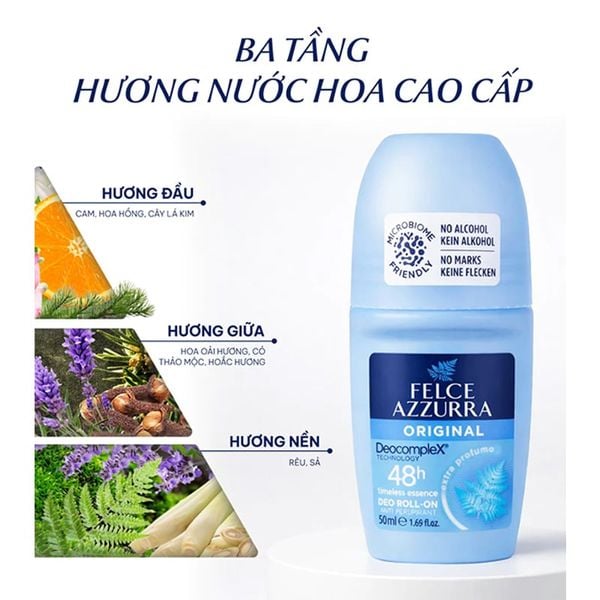 Lăn Khử Mùi Hương Nước Hoa Ý Felce Azzurra Dưỡng Da, Ngăn Mùi Mồ Hôi Suốt 48h 50ml