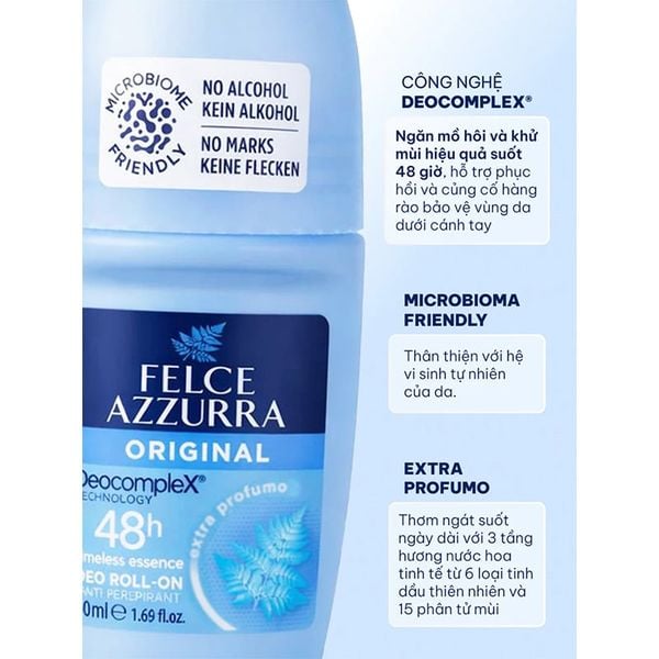 Lăn Khử Mùi Hương Nước Hoa Ý Felce Azzurra Dưỡng Da, Ngăn Mùi Mồ Hôi Suốt 48h 50ml