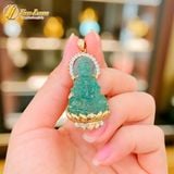  Dây chuyền mặt phật quan âm bồ tát đá thạch anh dâu tây xanh hợp mệnh mộc hỏa bọc vàng 10k 