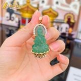  Dây chuyền mặt phật quan âm bồ tát đá thạch anh dâu tây xanh hợp mệnh mộc hỏa bọc vàng 10k 