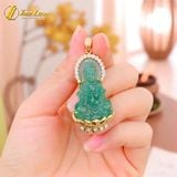  Dây chuyền mặt phật quan âm bồ tát đá thạch anh dâu tây xanh hợp mệnh mộc hỏa bọc vàng 10k 