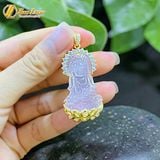  Dây chuyền mặt phật quan âm bồ tát đá thạch anh hồng hợp mệnh hỏa thổ bọc bạc mạ vàng 10k 